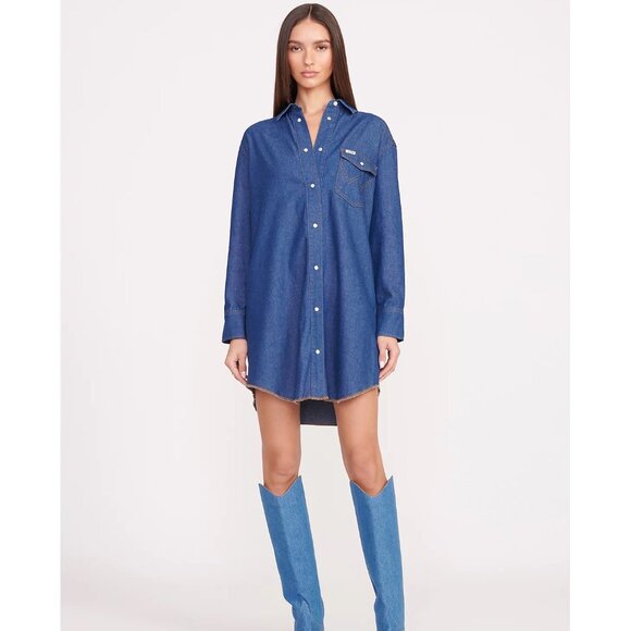 NEW Staud + Wrangler The Oversized Western Shirt Dress in Dark Rinse - Picture 9 of 12
